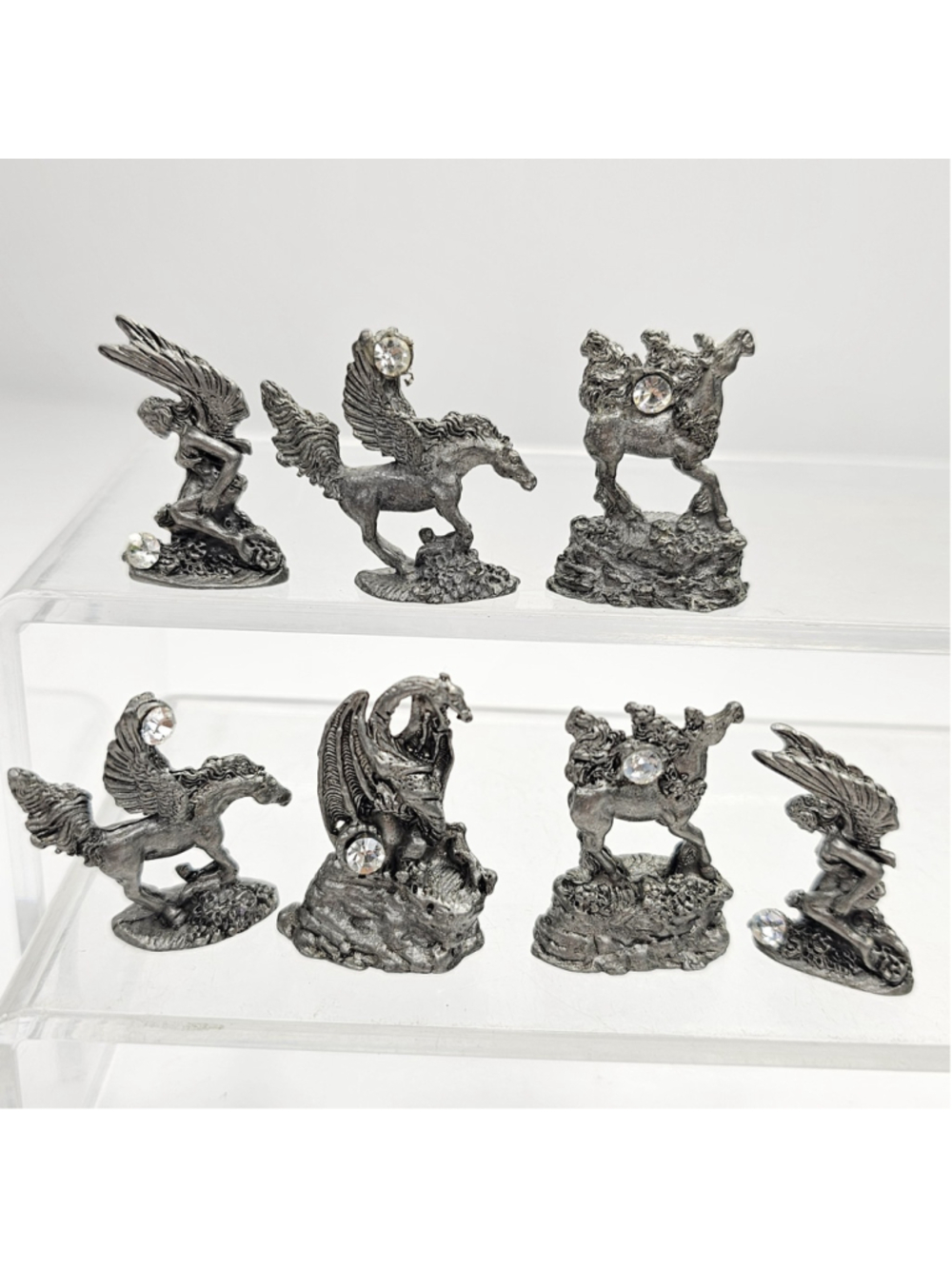 7 Miniature Pewter Fantasy Figurines Dragon Pegasus Fairy Rhinestone Accents